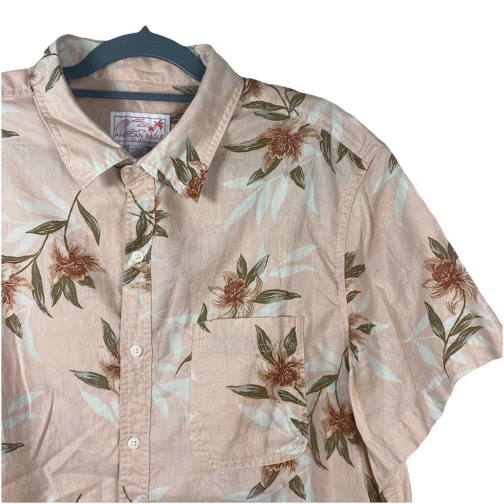 American Eagle Shirt Mens XL Button Up Short Sleeve Hawaiian Pink Cotton Linen‎